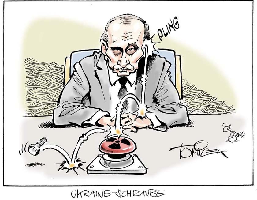 Kriegsverbrecher Wladimir Putin am Knopf für Atomraketen
